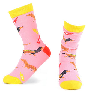 Parquet Brand Ladies DACHSHUND DOGS Socks DACHSHUNDS AS HOTDOGS (CHOOSE COLOR) - Novelty Socks for Less