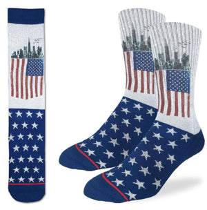 GOOD LUCK SOCK Brand Mens AMERICAN FLAG/ CITY SKYLINE Active Fit Socks - Novelty Socks for Less