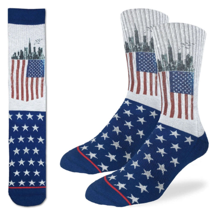 GOOD LUCK SOCK Brand Men's AMERICAN FLAG CITY SKYLINE Active Fit Socks