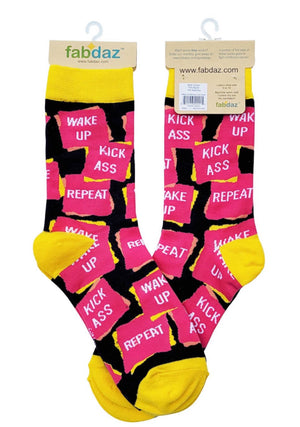 FABDAZ Brand Ladies WAKE UP KICK ASS REPEAT Socks - Novelty Socks for Less