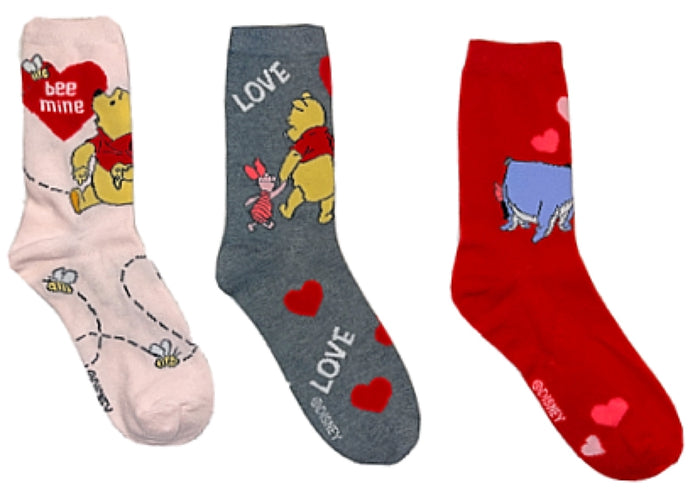 DISNEY WINNIE THE POOH LADIES VALENTINES DAY 3 PAIR OF SOCKS ‘BEE MINE’