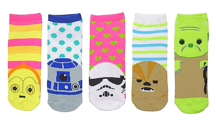 STAR WARS Ladies 5 Pair Of No Show Socks CHEWBACCA, R2-D2, C-3PO