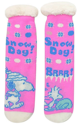 PEANUTS Ladies Sherpa Lined Gripper Bottom Slipper Socks SNOOPY & WOODSTOCK 'SNOW DAY!' - Novelty Socks for Less