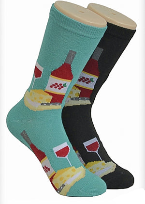 FOOZYS BRAND Ladies 2 Pair RED WINE & CHEESE Socks - Novelty Socks for Less
