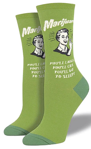SOCKSMITH Brand Ladies MARIJUANA Socks ‘YOU’LL LAUGH, YOU’LL CRY, YOU’LL GO TO SLEEP’ - Novelty Socks for Less