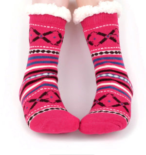NOLLIA BRAND Ladies PINK STRIPED NON-SKID SHERPA SLIPPER SOCKS - Novelty Socks for Less