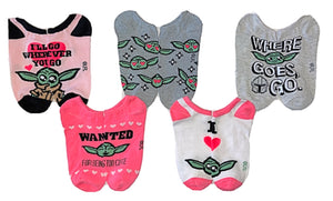 STAR WARS BABY YODA LADIES VALENTINES DAY 5 PAIR OF NO SHOW SOCKS ‘WANTED FOR BEING TOO CUTE’ - Novelty Socks for Less
