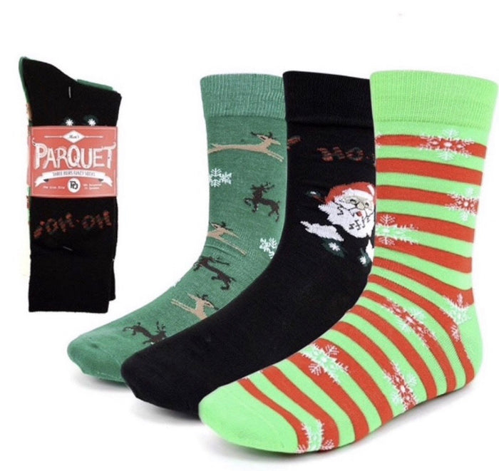 Parquet Brand 3 Pair Men’s CHRISTMAS Socks SANTA, REINDEER, SNOWFLAKES