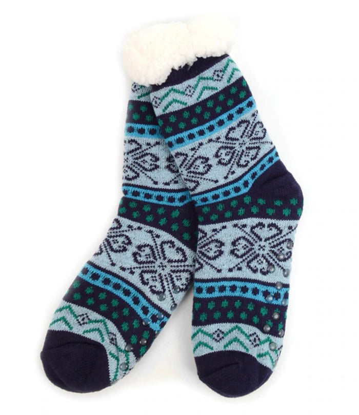 NOLLIA BRAND Ladies Blue Winter Theme NON-SKID SHERPA SLIPPER SOCKS
