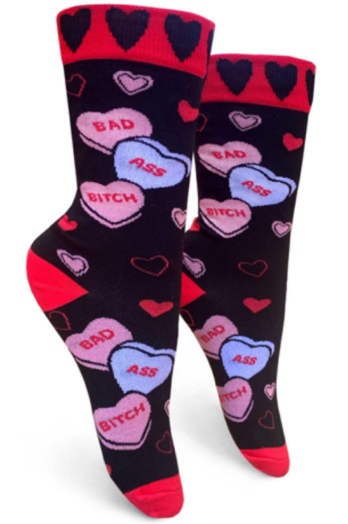 GROOVY THINGS BRAND LADIES VALENTINE CANDY HEARTS Socks 'BAD ASS BITCH'