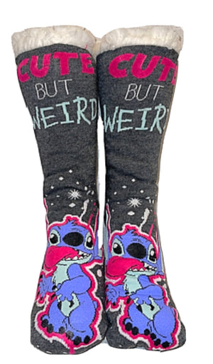 DISNEY LILO & STITCH LADIES SHERPA LINED GRIPPER BOTTOM SLIPPER SOCKS’CUTE BUT WEIRD’ - Novelty Socks for Less