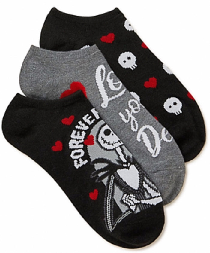 DISNEY NIGHTMARE BEFORE CHRISTMAS Ladies 3 Pair Of Valentines Day No Show Socks ‘FOREVER YOURS’