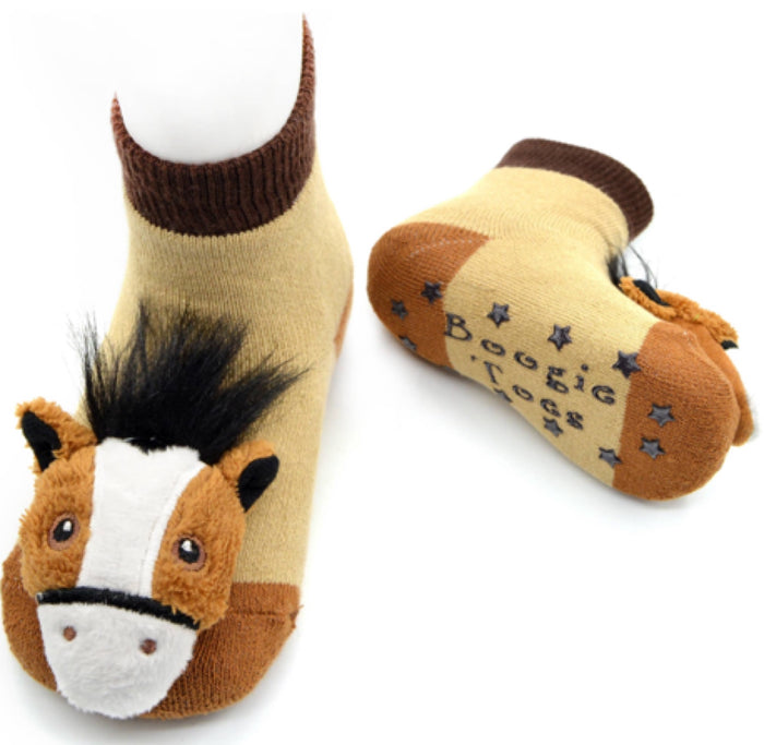 BOOGIE TOES Baby Unisex BROWN HORSE Rattle GRIPPER BOTTOM Socks by PIERO LIVENTI
