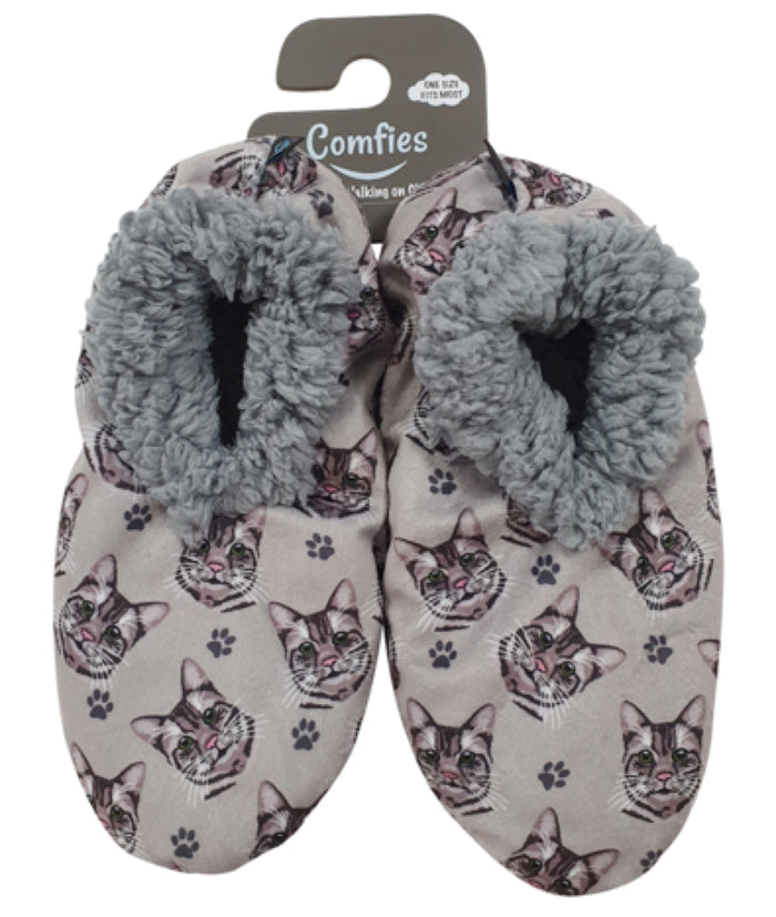 COMFIES BRAND Ladies TABBY CAT (SILVER, GRAY) Non-Skid Slippers