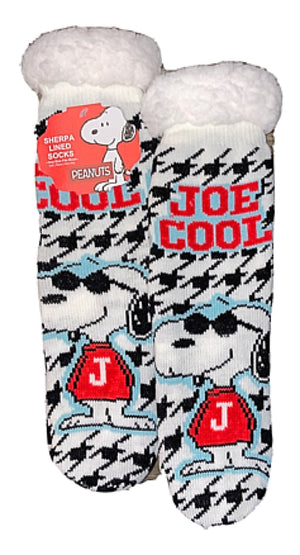 PEANUTS LADIES JOE COOL SHERPA LINED GRIPPER BOTTOM SLIPPER SOCKS - Novelty Socks for Less