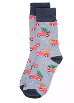 PARQUET Brand Men’s CHRISTMAS Socks RED TRUCK & TREES - Novelty Socks for Less