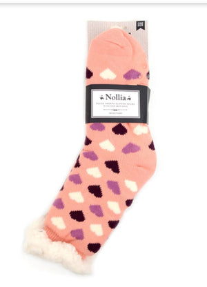 NOLLIA BRAND Ladies PINK HEART NON-SKID SHERPA SLIPPER SOCKS - Novelty Socks for Less
