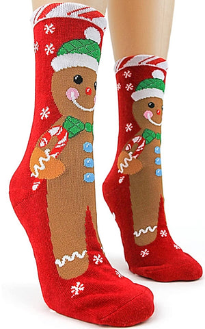 FOOT TRAFFIC Brand Ladies GINGERBREAD MAN NON-SKID SLIPPER SOCKS - Novelty Socks for Less