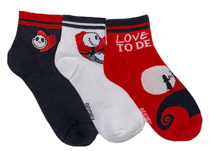DISNEY THE NIGHTMARE BEFORE CHRISTMAS LADIES VALENTINES DAY 3 PAIR OF SOCKS ‘LOVE YOU TO DEATH’