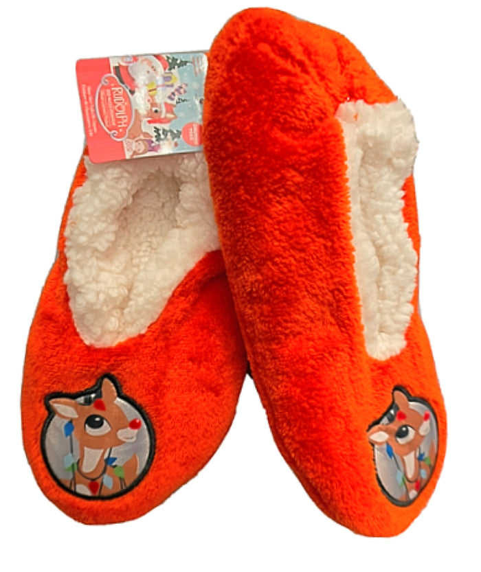 RUDOLPH THE RED NOSED REINDEER LADIES GRIPPER BOTTOM SNUGGLE TOES SLIPPERS