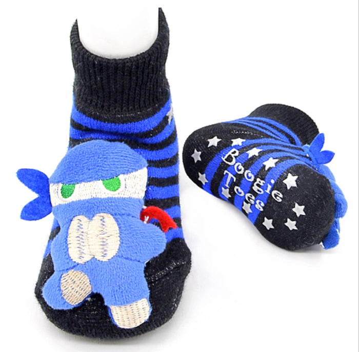 BOOGIE TOES Baby Unisex NINJA Rattle GRIPPER BOTTOM Socks By PIERO Liventi