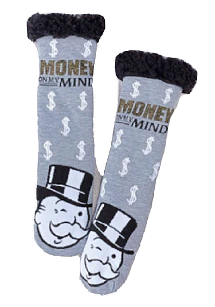 MONOPOLY Ladies Sherpa Lined Gripper Bottom Slipper Socks ‘MONEY ON MY MIND’