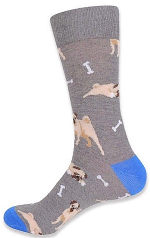 PARQUET BRAND Men's PUG DOG Socks PUG DOGS & BONES (CHOOSE COLOR BLUE OR GRAY) - Novelty Socks for Less