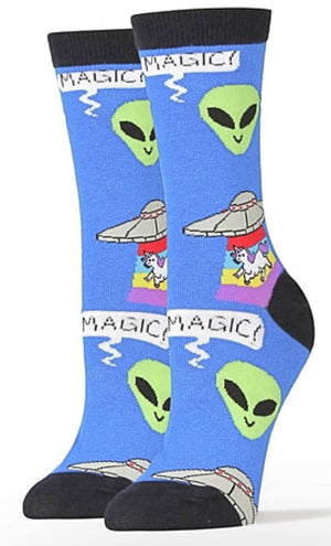 OOOH GEEZ Brand Ladies ALIENS, UFO'S & UNICORNS Socks ‘UNICORN ABDUCTION’ - Novelty Socks for Less