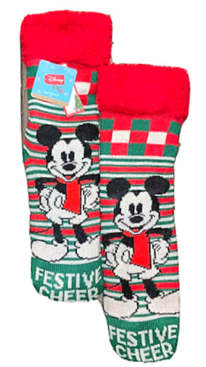 DISNEY LADIES MICKEY MOUSE CHRISTMAS SHERPA LINED GRIPPER BOTTOM SLIPPER SOCKS - Novelty Socks for Less
