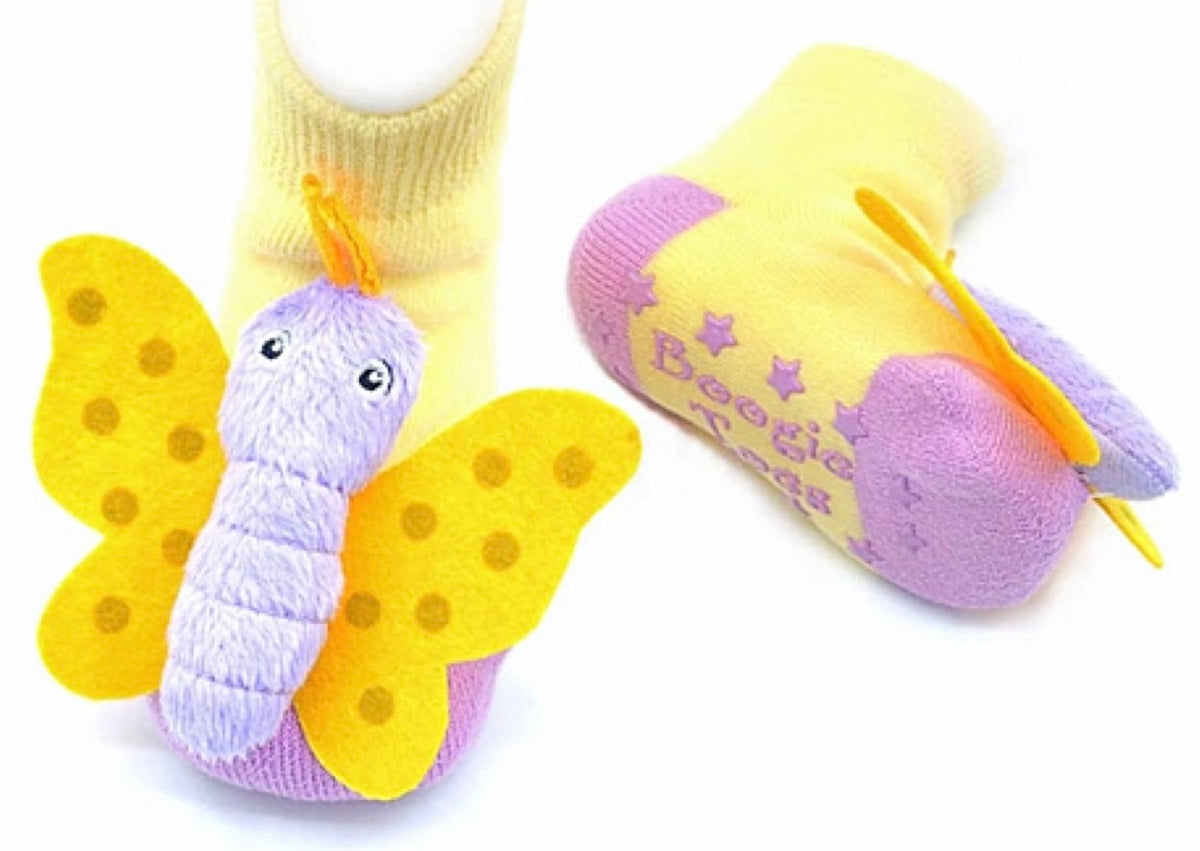BOOGIE TOES Unisex Baby BUTTERFLY RATTLE GRIPPER BOTTOM SOCKS - Novelty Socks for Less