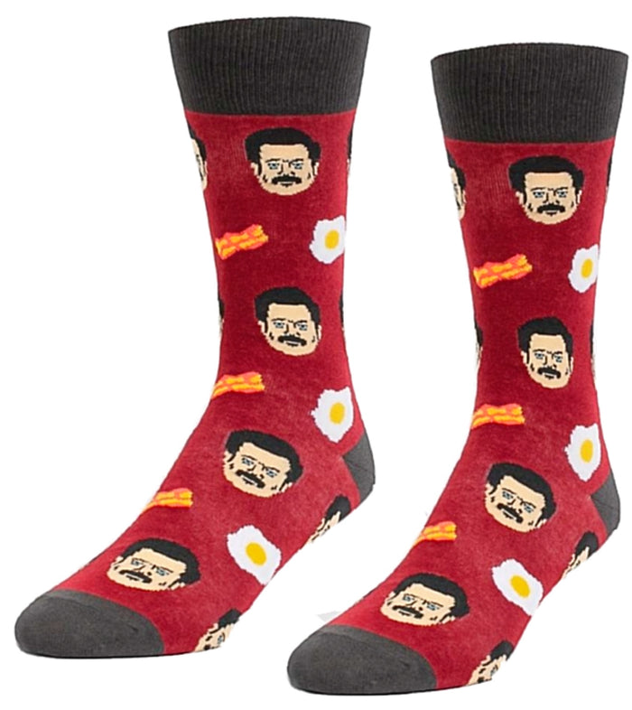 PARKS AND RECREATION MEN’S SOCKS RON SWANSON WITH BACON & EGGS HEADLINE BRAND