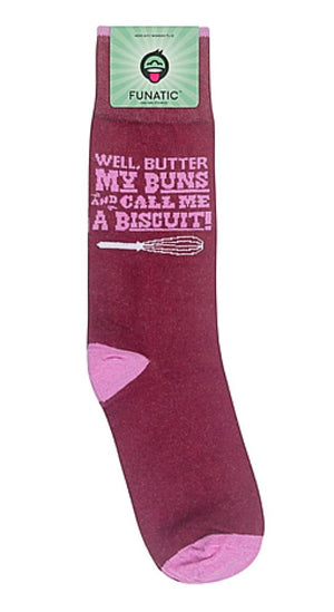FUNATIC Brand Unisex Socks ‘WELL BUTTER MY BUNS & CALL ME A BISCUIT’ - Novelty Socks for Less