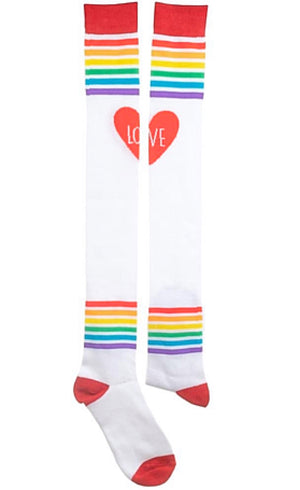 BIOWORLD Brand UNISEX PRIDE KNEE SOCKS RAINBOW STRIPES SAYS ‘LOVE’ - Novelty Socks for Less