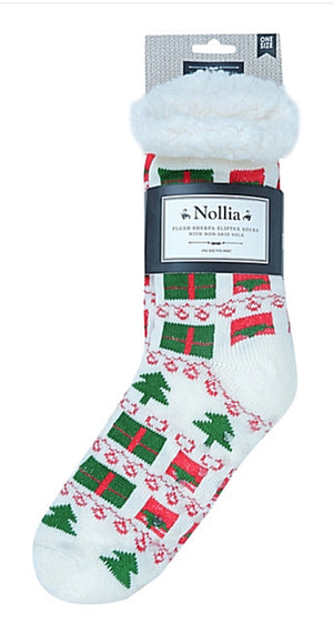 NOLLIA BRAND Ladies CHRISTMAS NON-SKID SHERPA SLIPPER SOCKS - Novelty Socks for Less
